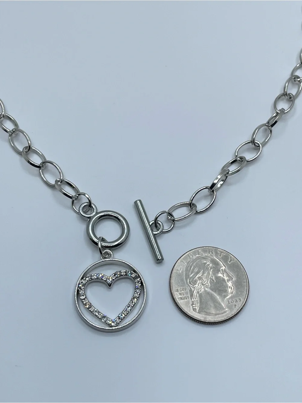 Silver Tone Crystal Heart Toggle Necklace Romantic Glam Statement